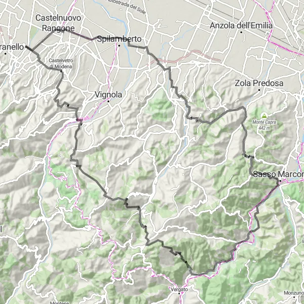 Kartminiatyr av "Upplev Tolè och Monte Orsello" cykelinspiration i Emilia-Romagna, Italy. Genererad av Tarmacs.app cykelruttplanerare