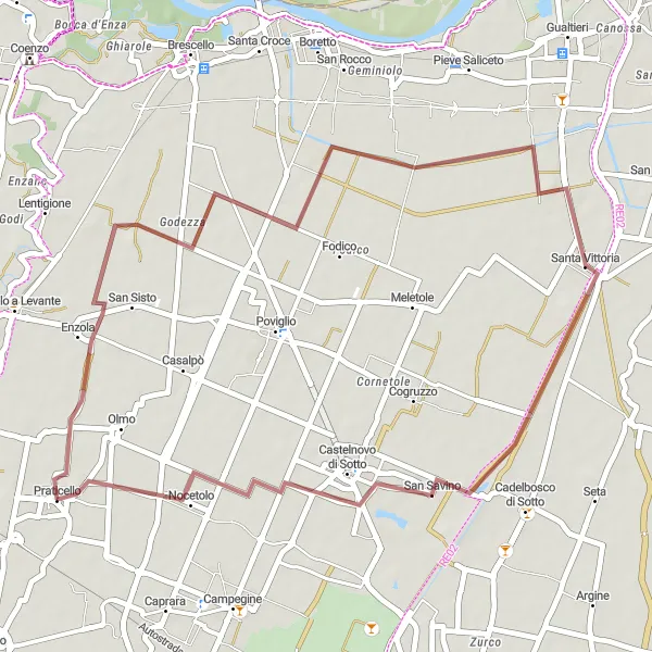 Miniatura della mappa di ispirazione al ciclismo "Percorso in bicicletta attraverso Enzola e Godezza" nella regione di Emilia-Romagna, Italy. Generata da Tarmacs.app, pianificatore di rotte ciclistiche