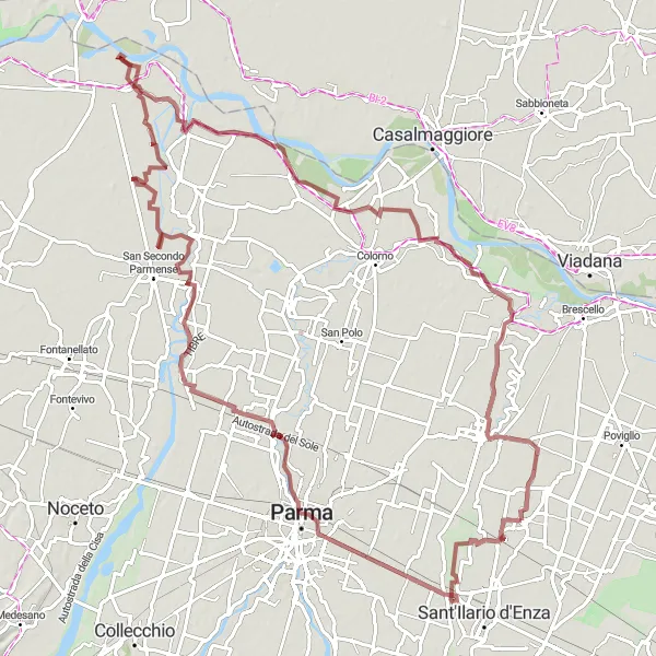 Mapa miniatúra "Gravelová cyklotrasa San Prospero Parmense - Praticello - Roccabianca" cyklistická inšpirácia v Emilia-Romagna, Italy. Vygenerované cyklistickým plánovačom trás Tarmacs.app