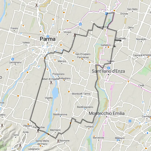 Miniaturní mapa "Okruhová cyklistická trasa Taneto - San Prospero Parmense" inspirace pro cyklisty v oblasti Emilia-Romagna, Italy. Vytvořeno pomocí plánovače tras Tarmacs.app