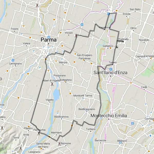 Miniatura della mappa di ispirazione al ciclismo "Rotta ciclistica da Taneto a Praticello" nella regione di Emilia-Romagna, Italy. Generata da Tarmacs.app, pianificatore di rotte ciclistiche