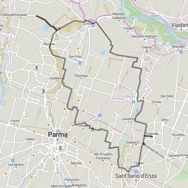 Zemljevid v pomanjšavi "Cestna kolesarska pot skozi slikovito pokrajino" kolesarske inspiracije v Emilia-Romagna, Italy. Generirano z načrtovalcem kolesarskih poti Tarmacs.app