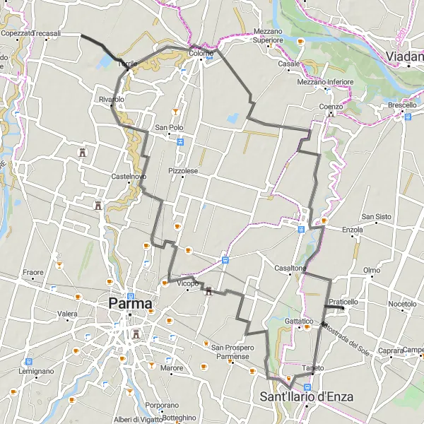 Map miniature of "Road Cycling Route: Praticello to Torrile" cycling inspiration in Emilia-Romagna, Italy. Generated by Tarmacs.app cycling route planner