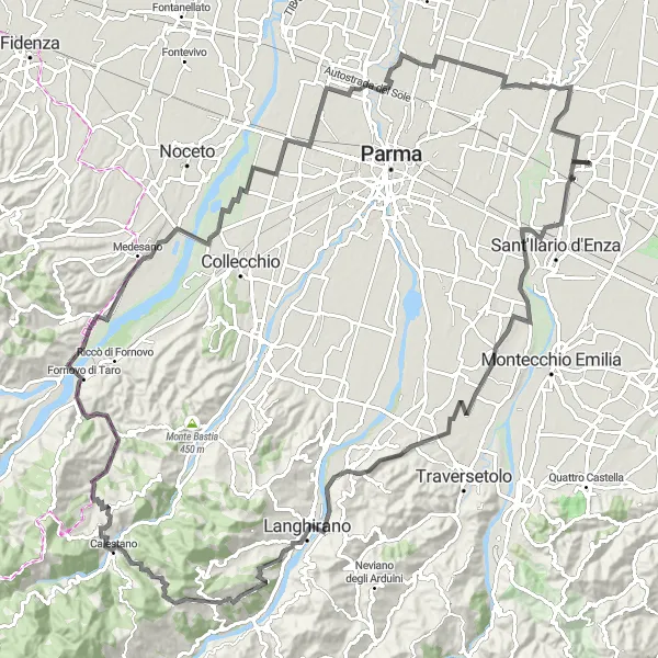 Zemljevid v pomanjšavi "Glavna cesta čez hribe Emilia-Romagna" kolesarske inspiracije v Emilia-Romagna, Italy. Generirano z načrtovalcem kolesarskih poti Tarmacs.app