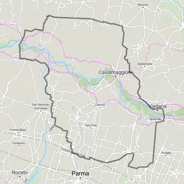 Miniaturní mapa "Pedrignano k Olmo" inspirace pro cyklisty v oblasti Emilia-Romagna, Italy. Vytvořeno pomocí plánovače tras Tarmacs.app
