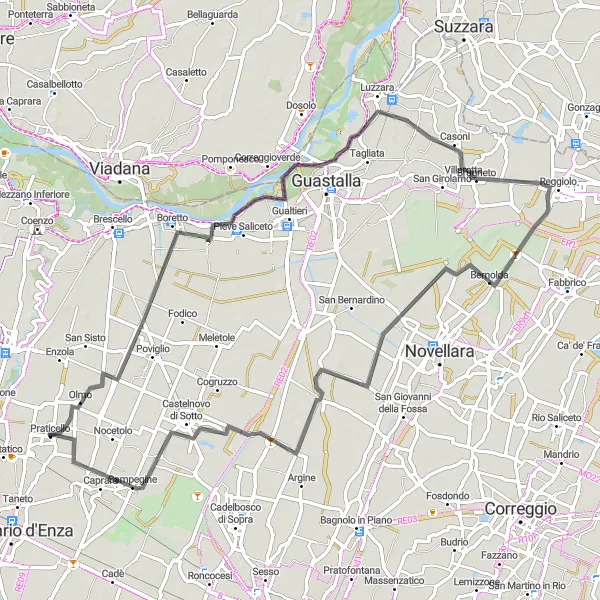 Miniature de la carte de l'inspiration cycliste "Boucle de cyclisme sur route autour de Praticello" dans la Emilia-Romagna, Italy. Générée par le planificateur d'itinéraire cycliste Tarmacs.app