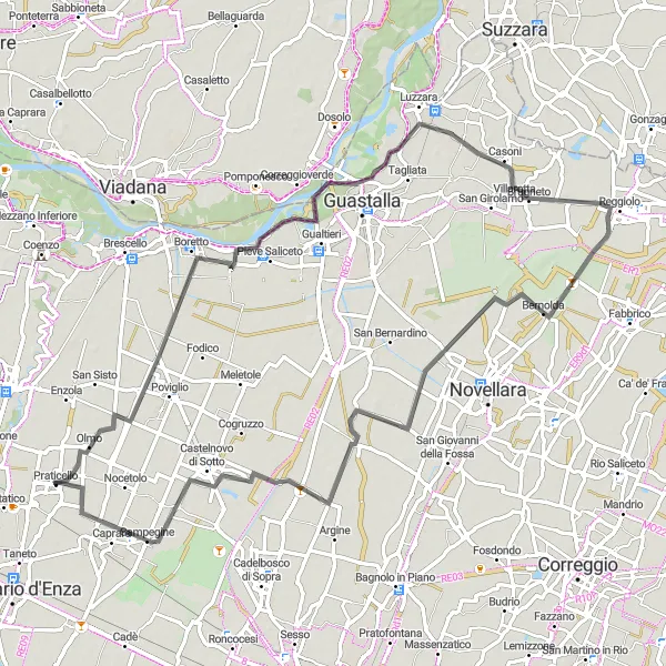 Miniatura della mappa di ispirazione al ciclismo "Giro panoramico in bici da Praticello a Cadelbosco di Sotto" nella regione di Emilia-Romagna, Italy. Generata da Tarmacs.app, pianificatore di rotte ciclistiche