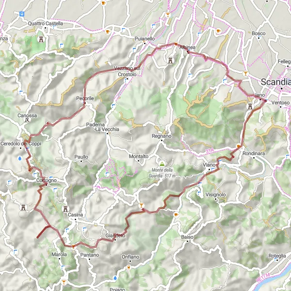 Miniature de la carte de l'inspiration cycliste "Parcours à travers les Monts de Cortogno" dans la Emilia-Romagna, Italy. Générée par le planificateur d'itinéraire cycliste Tarmacs.app