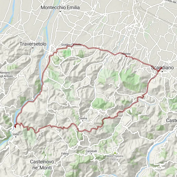 Mapa miniatúra "Náročný gravel okruh s prevýšením cez Scandiano - Monte Lusino - Gombio - Monte Castellaro - Monte Pelengo - Cerezzola - Monte Zagno - Botteghe - Rocca dei Boiardo" cyklistická inšpirácia v Emilia-Romagna, Italy. Vygenerované cyklistickým plánovačom trás Tarmacs.app