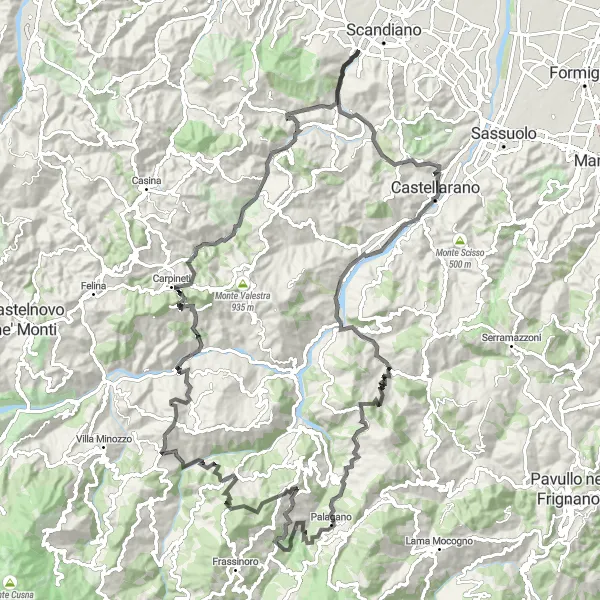 Kartminiatyr av "Eventyrlige Rondinara til Monte della Castagna" sykkelinspirasjon i Emilia-Romagna, Italy. Generert av Tarmacs.app sykkelrutoplanlegger