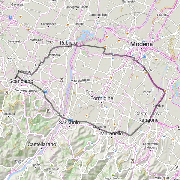 Map miniature of "Scenic Road to Maranello" cycling inspiration in Emilia-Romagna, Italy. Generated by Tarmacs.app cycling route planner