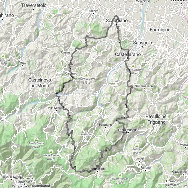 Miniatua del mapa de inspiración ciclista "Ruta de ciclismo de carretera de Pratissolo" en Emilia-Romagna, Italy. Generado por Tarmacs.app planificador de rutas ciclistas