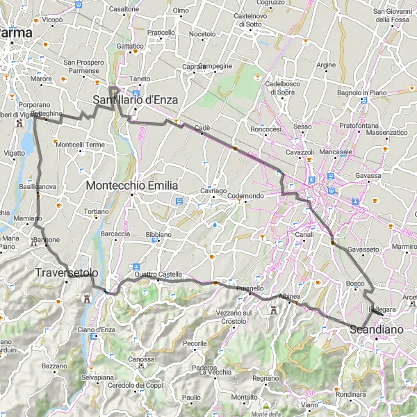 Miniatua del mapa de inspiración ciclista "Ruta de ciclismo de carretera por los alrededores de Pratissolo" en Emilia-Romagna, Italy. Generado por Tarmacs.app planificador de rutas ciclistas