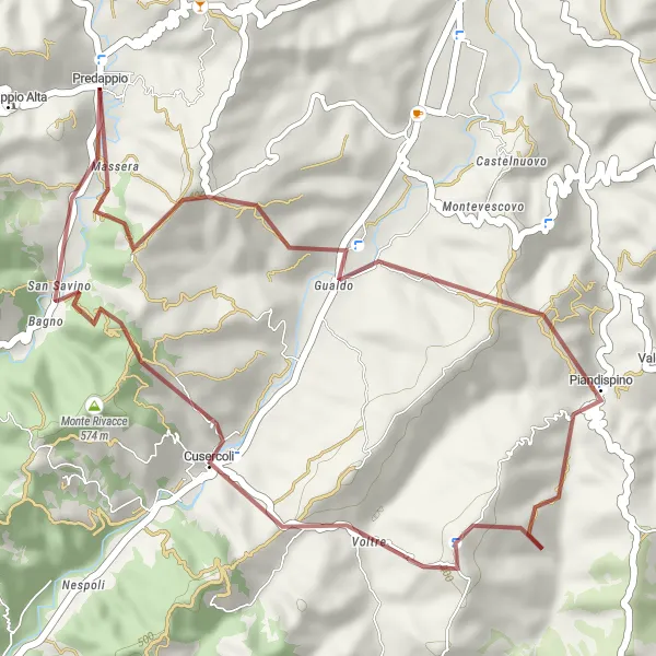 Miniatua del mapa de inspiración ciclista "Ruta de ciclismo de grava por Predappio y Monte San Giovanni" en Emilia-Romagna, Italy. Generado por Tarmacs.app planificador de rutas ciclistas