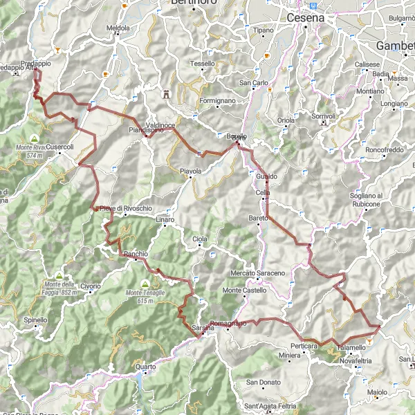 Miniaturní mapa "Gravelová cyklotrasa kolem Predappia" inspirace pro cyklisty v oblasti Emilia-Romagna, Italy. Vytvořeno pomocí plánovače tras Tarmacs.app