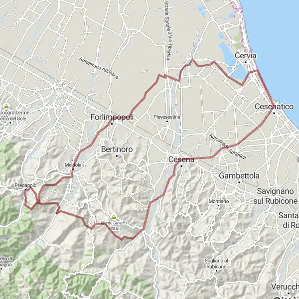 Miniature de la carte de l'inspiration cycliste "Boucle de Meldola et Cesenatico" dans la Emilia-Romagna, Italy. Générée par le planificateur d'itinéraire cycliste Tarmacs.app