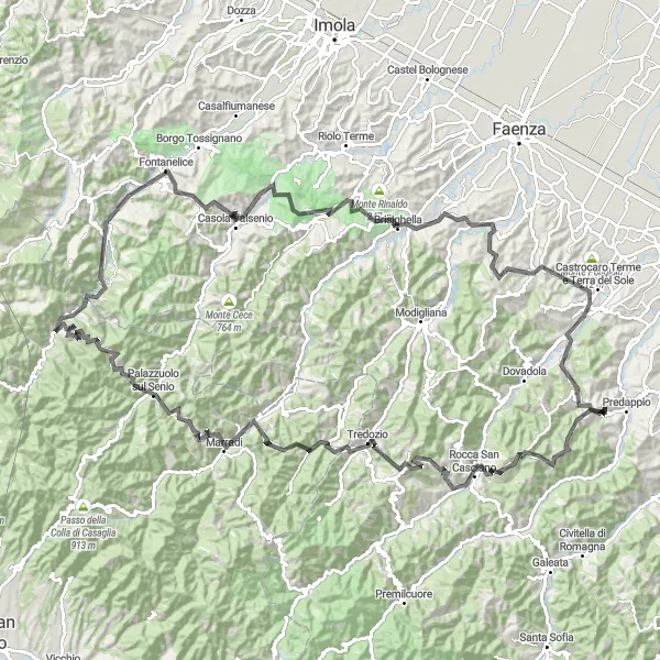 Miniatua del mapa de inspiración ciclista "Ruta en Carretera Monte Pratesi" en Emilia-Romagna, Italy. Generado por Tarmacs.app planificador de rutas ciclistas