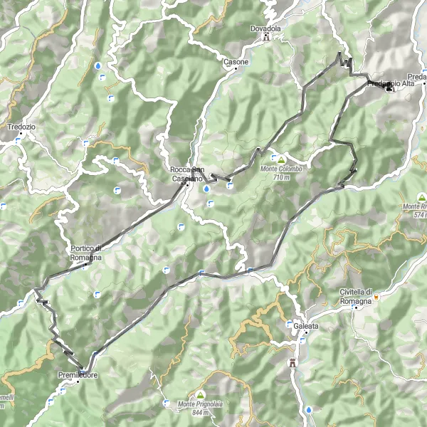 Miniatua del mapa de inspiración ciclista "Ruta de ciclismo de carretera por Predappio Alta y Rocca di Predappio Alta" en Emilia-Romagna, Italy. Generado por Tarmacs.app planificador de rutas ciclistas