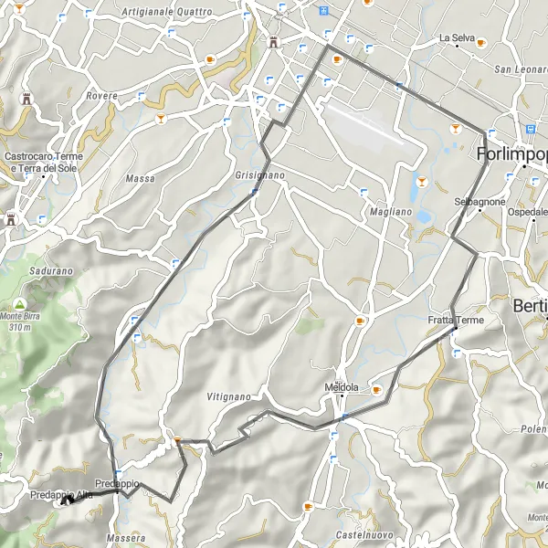 Map miniature of "Melodious Amble" cycling inspiration in Emilia-Romagna, Italy. Generated by Tarmacs.app cycling route planner