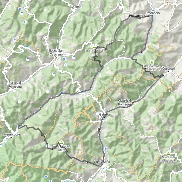 Miniaturní mapa "Road Route to Monte Mirabello" inspirace pro cyklisty v oblasti Emilia-Romagna, Italy. Vytvořeno pomocí plánovače tras Tarmacs.app