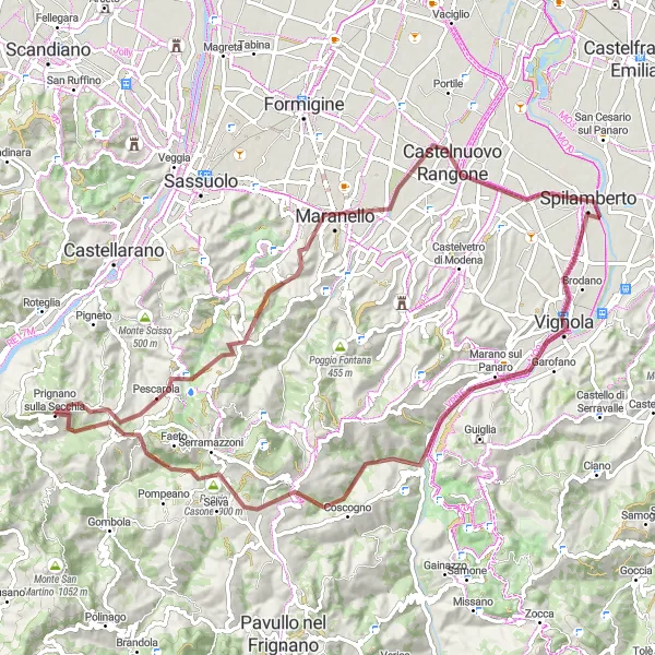 Zemljevid v pomanjšavi "Scenic Gravel Ride to Vignola" kolesarske inspiracije v Emilia-Romagna, Italy. Generirano z načrtovalcem kolesarskih poti Tarmacs.app