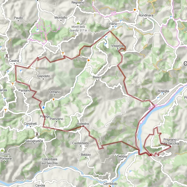 Miniature de la carte de l'inspiration cycliste "Le Circuit des Vallées Verdoyantes" dans la Emilia-Romagna, Italy. Générée par le planificateur d'itinéraire cycliste Tarmacs.app