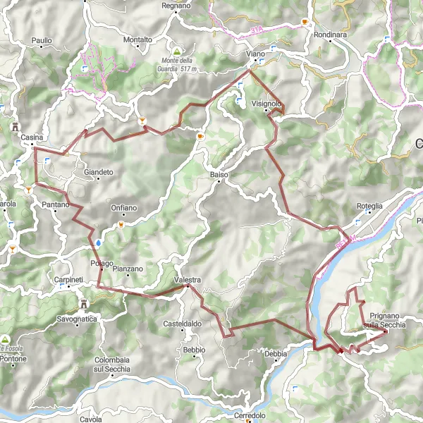 Map miniature of "The Valestra Quest" cycling inspiration in Emilia-Romagna, Italy. Generated by Tarmacs.app cycling route planner