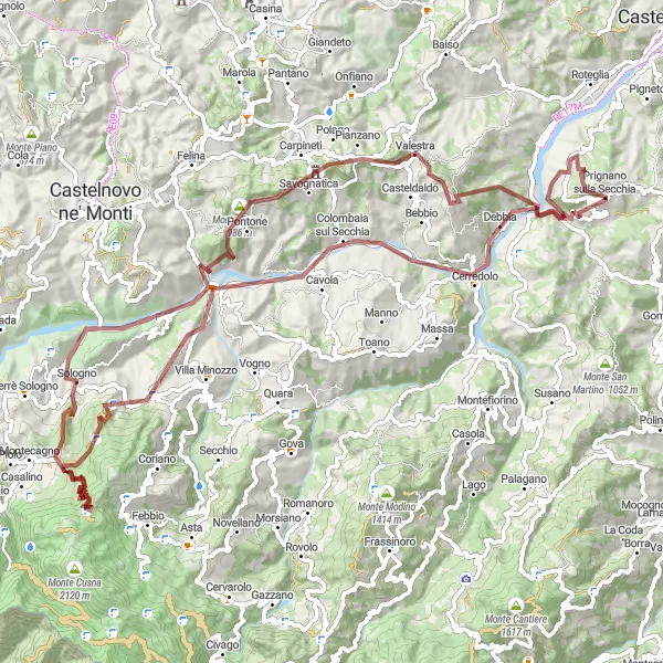 Miniaturní mapa "Extreme gravel cycling challenge near Prignano sulla Secchia" inspirace pro cyklisty v oblasti Emilia-Romagna, Italy. Vytvořeno pomocí plánovače tras Tarmacs.app
