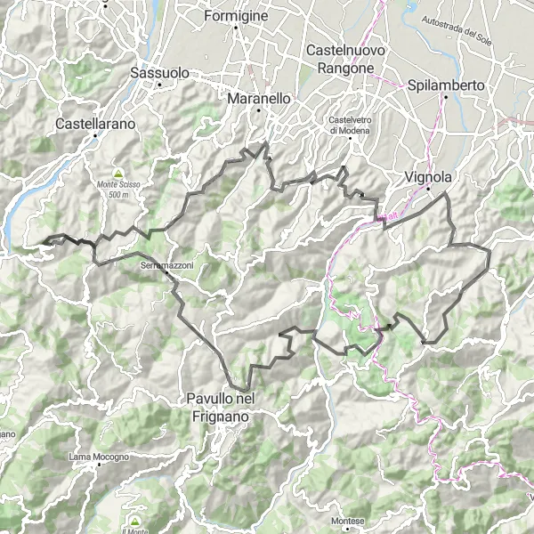 Miniaturní mapa "Zákoutí Modenese" inspirace pro cyklisty v oblasti Emilia-Romagna, Italy. Vytvořeno pomocí plánovače tras Tarmacs.app