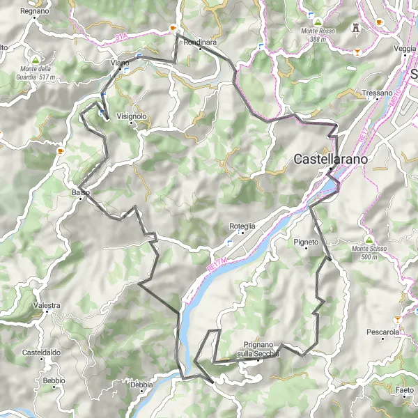 Miniature de la carte de l'inspiration cycliste "La Randonnée des Vallées d'Emilia" dans la Emilia-Romagna, Italy. Générée par le planificateur d'itinéraire cycliste Tarmacs.app