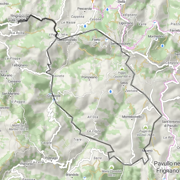 Miniatua del mapa de inspiración ciclista "Ruta escénica en bicicleta de carretera cerca de Prignano sulla Secchia" en Emilia-Romagna, Italy. Generado por Tarmacs.app planificador de rutas ciclistas