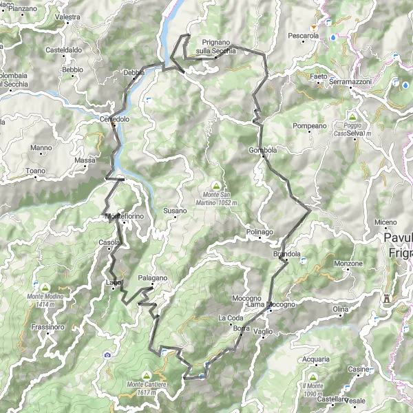 Miniaturní mapa "Cyklotrasa kolem Prignano sulla Secchia" inspirace pro cyklisty v oblasti Emilia-Romagna, Italy. Vytvořeno pomocí plánovače tras Tarmacs.app