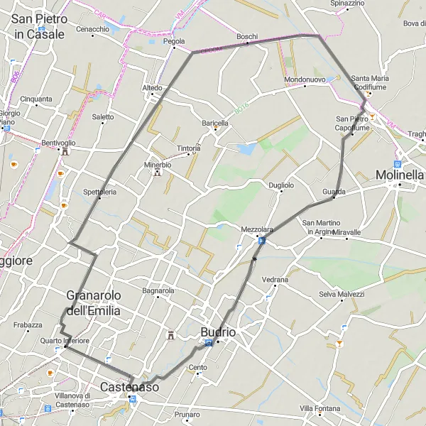 Miniatura della mappa di ispirazione al ciclismo "Tour ciclistico tra le campagne emiliane" nella regione di Emilia-Romagna, Italy. Generata da Tarmacs.app, pianificatore di rotte ciclistiche