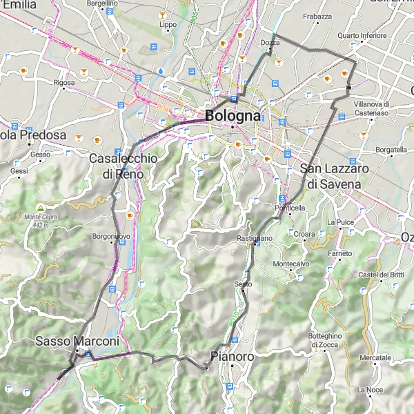 Kartminiatyr av "Utforsk Quarto Superiore og Casalecchio di Reno" sykkelinspirasjon i Emilia-Romagna, Italy. Generert av Tarmacs.app sykkelrutoplanlegger