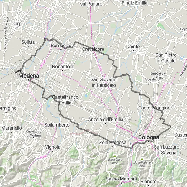 Miniature de la carte de l'inspiration cycliste "Tour des Tours Médiévales" dans la Emilia-Romagna, Italy. Générée par le planificateur d'itinéraire cycliste Tarmacs.app