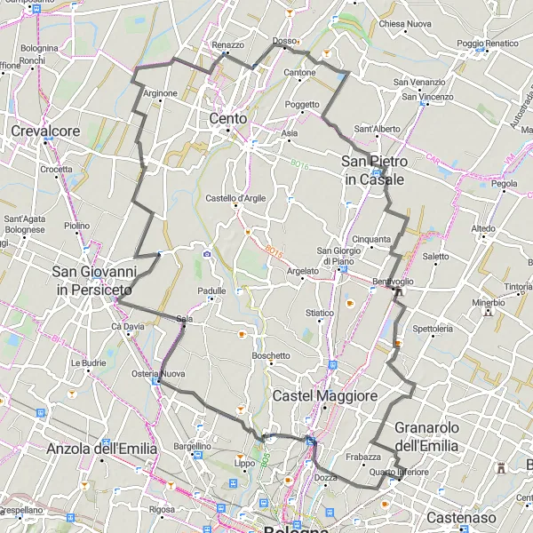 Kartminiatyr av "Rundtur sykling fra Quarto Inferiore" sykkelinspirasjon i Emilia-Romagna, Italy. Generert av Tarmacs.app sykkelrutoplanlegger