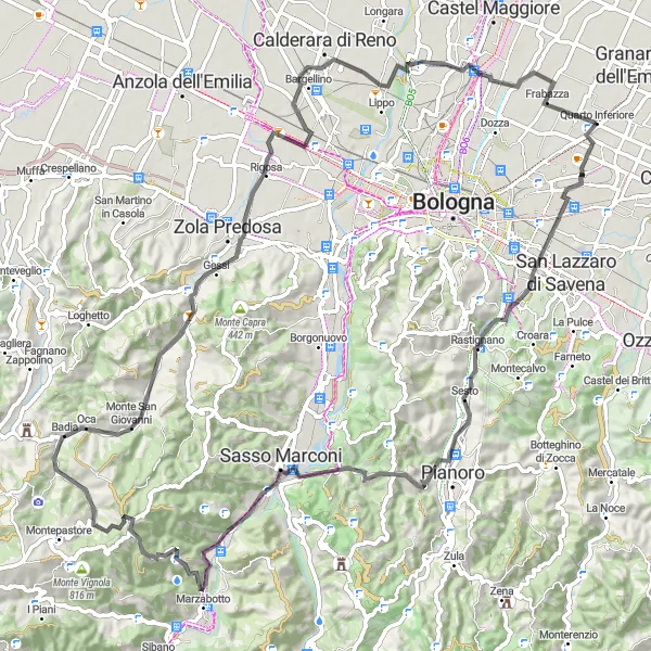 Karttaminiaatyyri "Quarto Superiore - Pian di Macina - Monte Bonsara - Borra - Calderino - Monte Malgotto" pyöräilyinspiraatiosta alueella Emilia-Romagna, Italy. Luotu Tarmacs.app pyöräilyreittisuunnittelijalla