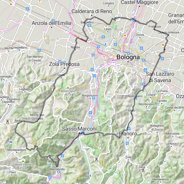 Miniatura della mappa di ispirazione al ciclismo "Giro in bicicletta da Quarto Inferiore attraverso montagne e borghi storici" nella regione di Emilia-Romagna, Italy. Generata da Tarmacs.app, pianificatore di rotte ciclistiche