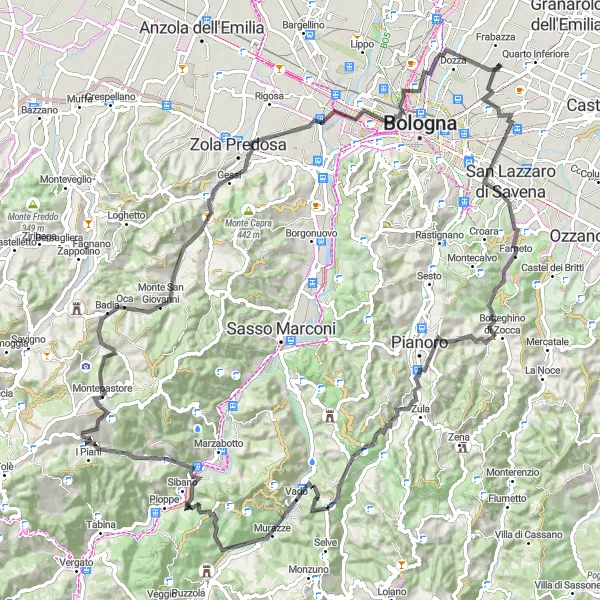 Kartminiatyr av "Utfordrende terreng i Emilia-Romagna" sykkelinspirasjon i Emilia-Romagna, Italy. Generert av Tarmacs.app sykkelrutoplanlegger