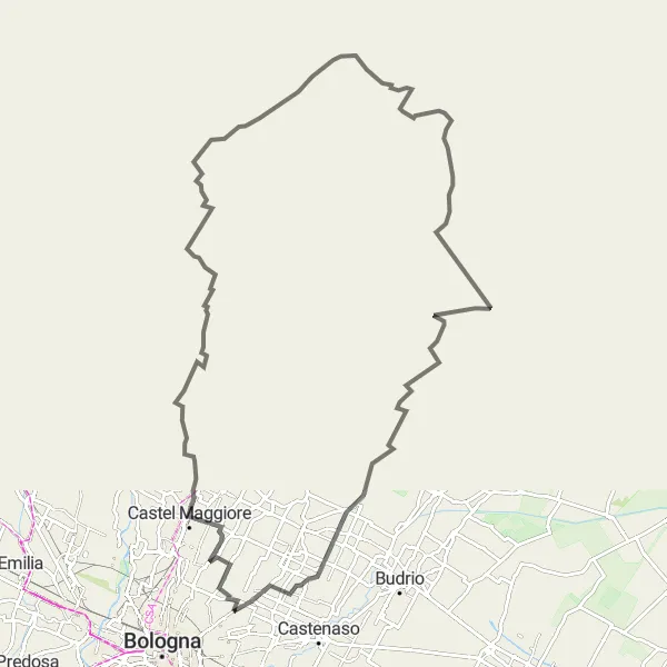 Miniaturní mapa "Okruh s výhledy kolem Quarto Inferiore" inspirace pro cyklisty v oblasti Emilia-Romagna, Italy. Vytvořeno pomocí plánovače tras Tarmacs.app