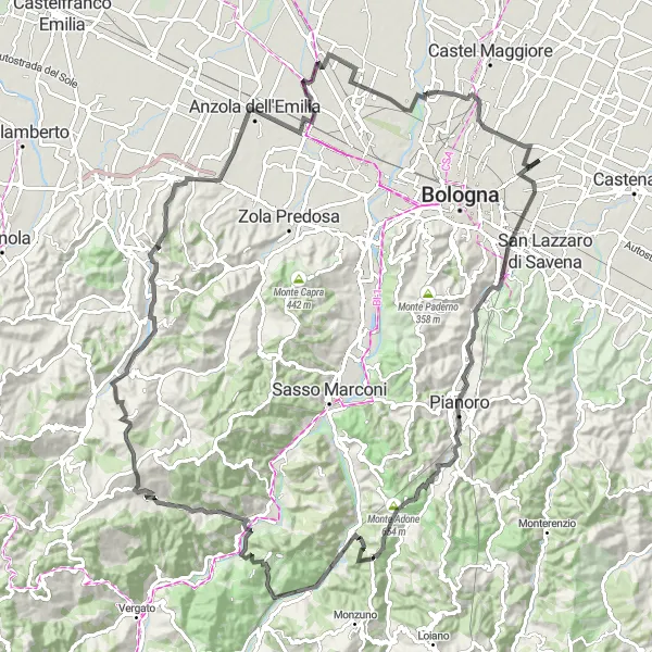 Zemljevid v pomanjšavi "Izjemna cestna kolesarska tura v bližini Quarto Inferiore" kolesarske inspiracije v Emilia-Romagna, Italy. Generirano z načrtovalcem kolesarskih poti Tarmacs.app