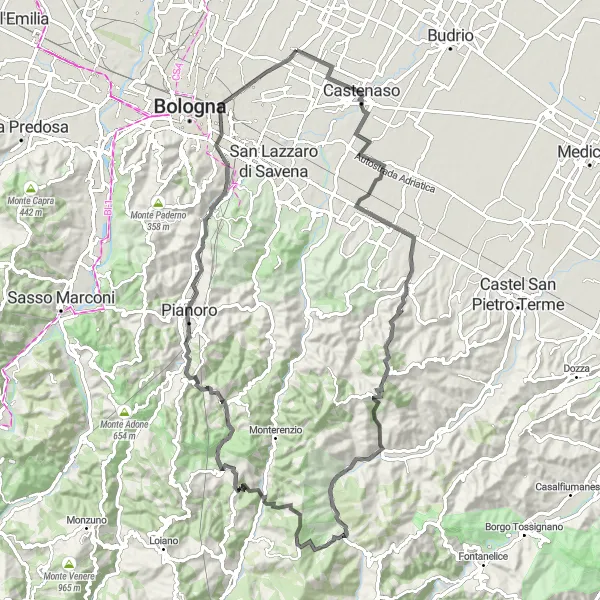 Zemljevid v pomanjšavi "Razburljiva kolesarska pot v naravi blizu Quarto Inferiore" kolesarske inspiracije v Emilia-Romagna, Italy. Generirano z načrtovalcem kolesarskih poti Tarmacs.app