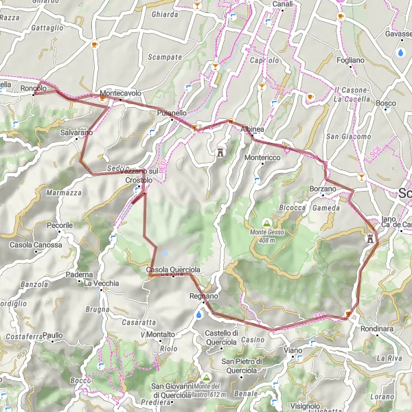 Mapa miniatúra "Adrenalínový gravelový okruh cez Monte Video" cyklistická inšpirácia v Emilia-Romagna, Italy. Vygenerované cyklistickým plánovačom trás Tarmacs.app