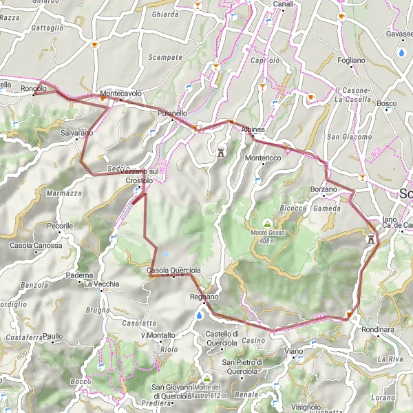 Miniatura della mappa di ispirazione al ciclismo "Il percorso panoramico tra Montecavolo e Monte Leone" nella regione di Emilia-Romagna, Italy. Generata da Tarmacs.app, pianificatore di rotte ciclistiche