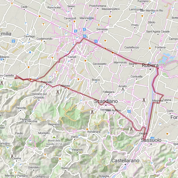 Miniaturní mapa "Gravel Cyklistická trasa okolo Quattro Castella" inspirace pro cyklisty v oblasti Emilia-Romagna, Italy. Vytvořeno pomocí plánovače tras Tarmacs.app