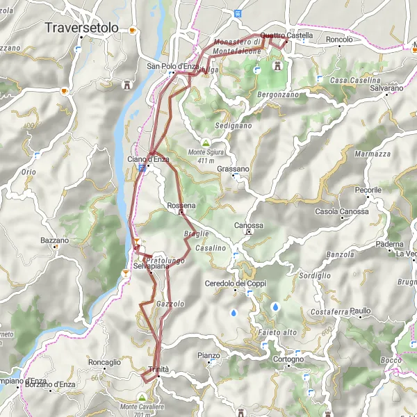 Karten-Miniaturansicht der Radinspiration "Gravel-Abenteuer um Quattro Castella" in Emilia-Romagna, Italy. Erstellt vom Tarmacs.app-Routenplaner für Radtouren