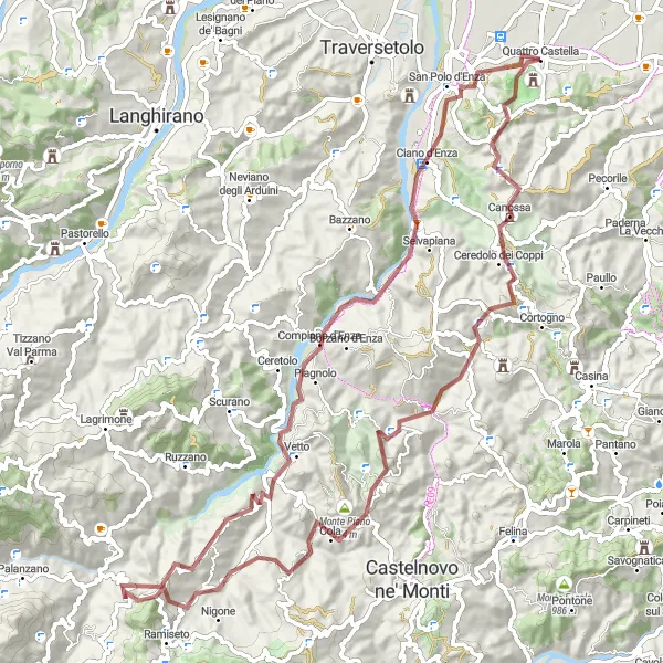 Miniatua del mapa de inspiración ciclista "Excursión en bicicleta de gravilla a Castello di Canossa" en Emilia-Romagna, Italy. Generado por Tarmacs.app planificador de rutas ciclistas