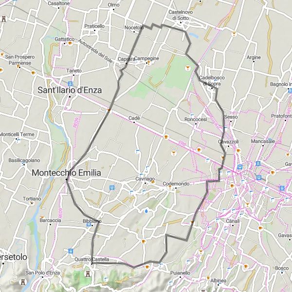 Miniatua del mapa de inspiración ciclista "Ruta de ciclismo por carretera a Montecchio Emilia" en Emilia-Romagna, Italy. Generado por Tarmacs.app planificador de rutas ciclistas