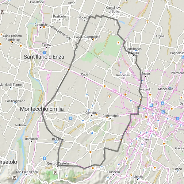 Miniatuurkaart van de fietsinspiratie "Rondrit naar Montecchio Emilia" in Emilia-Romagna, Italy. Gemaakt door de Tarmacs.app fietsrouteplanner