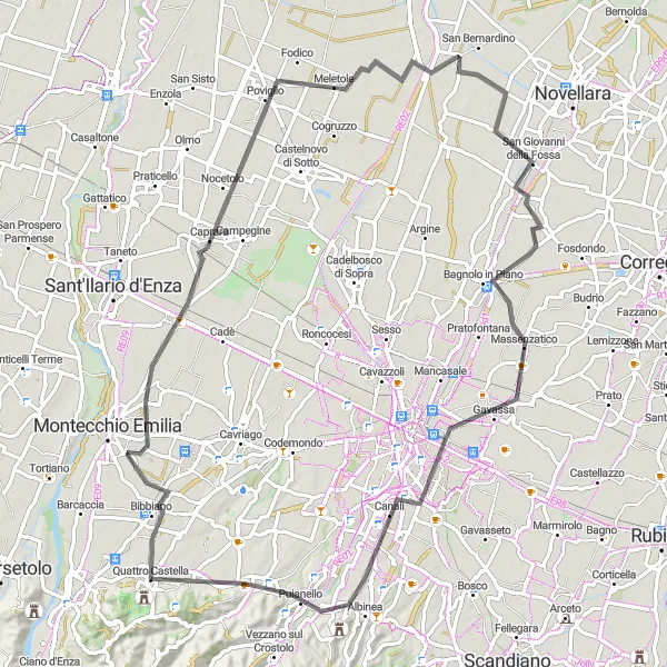 Miniaturní mapa "Road Bibbiano Loop" inspirace pro cyklisty v oblasti Emilia-Romagna, Italy. Vytvořeno pomocí plánovače tras Tarmacs.app